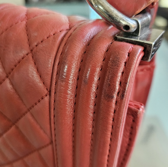 CHANEL XL Red Leather Boy Chain Link Shoulder Crossbody Bag Purse Diamond - Picture 14 of 16